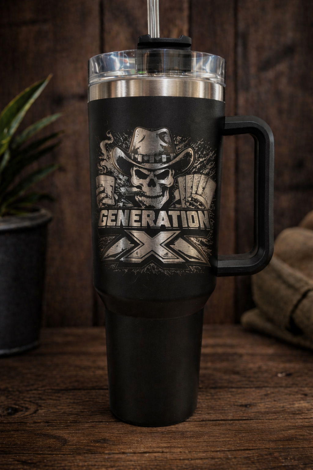 A travel mug with a skull wearing a cowboy hat and the words "Generation X" on it, placed on a wooden surface with a plant and rocks in the background.