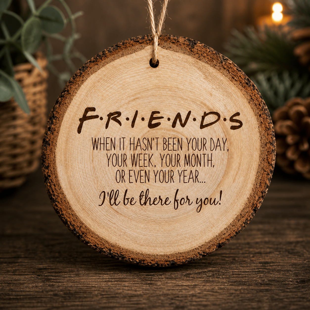 Wooden slice with engraved quote about friendship, with some greenery and pinecones in the background.