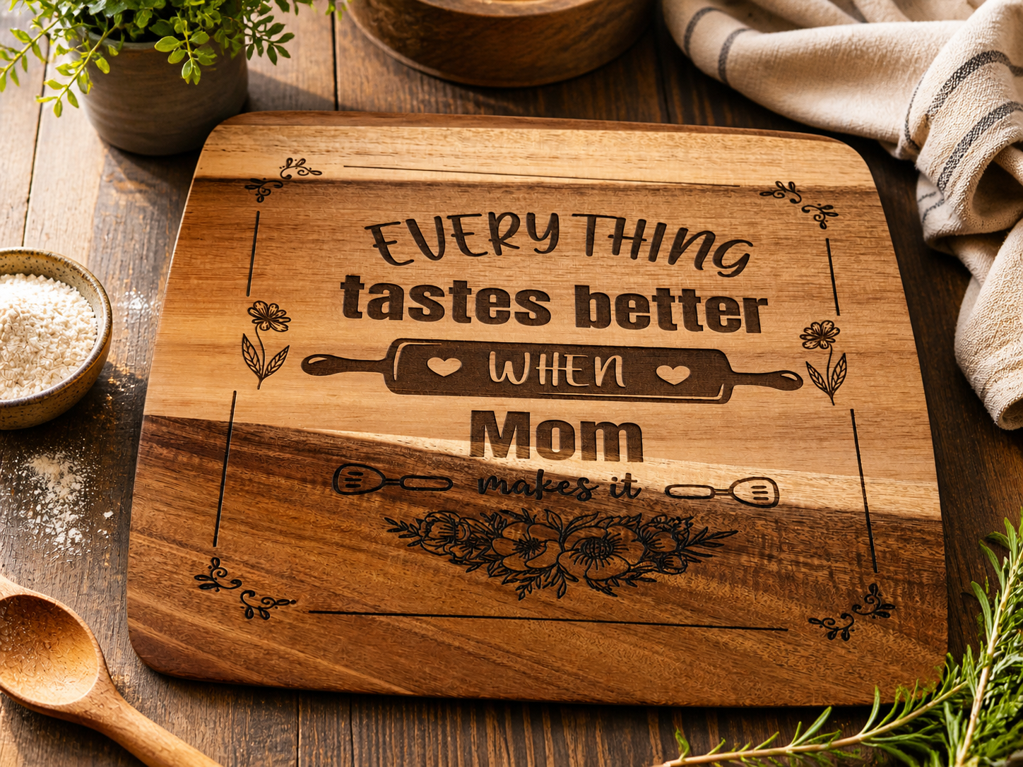 Wooden cutting board with the quote "Everything tastes better when Mom makes it," decorated with flowers and kitchen utensils, surrounded by kitchen herbs, a bowl of flour, and a wooden spoon.