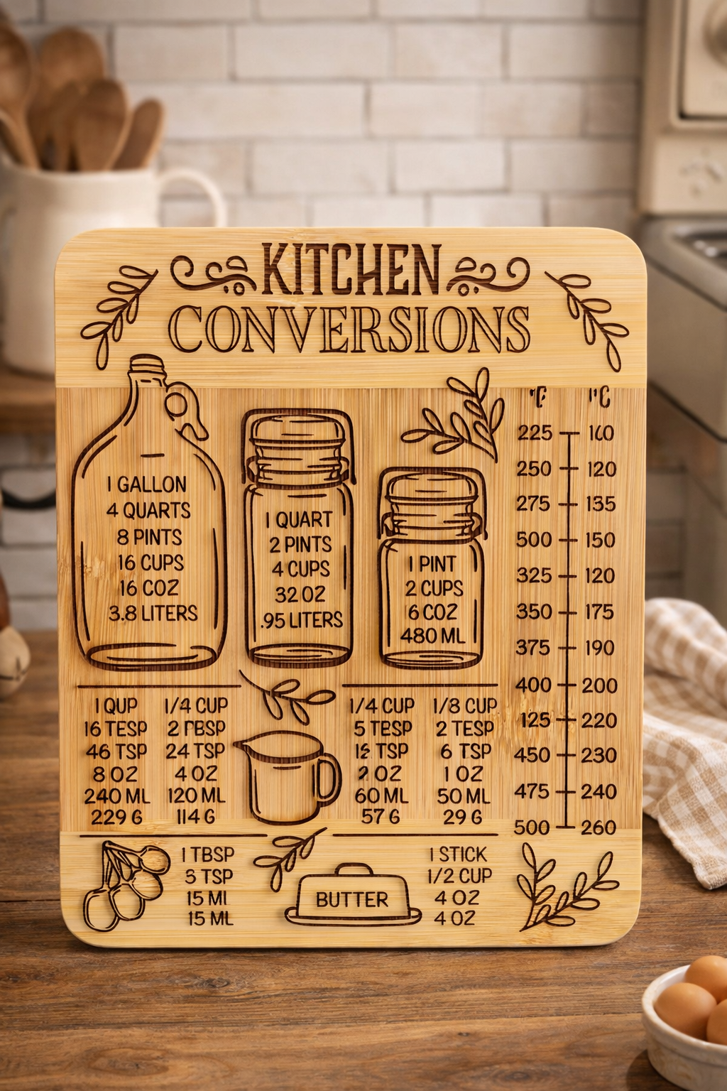A wooden kitchen conversion chart with illustrations of jars, a measuring cup, butter, and some herbs. It lists equivalents for gallons, quarts, pints, cups, teaspoons, fluid ounces, milliliters, grams, tablespoons, teaspoons, and butter.