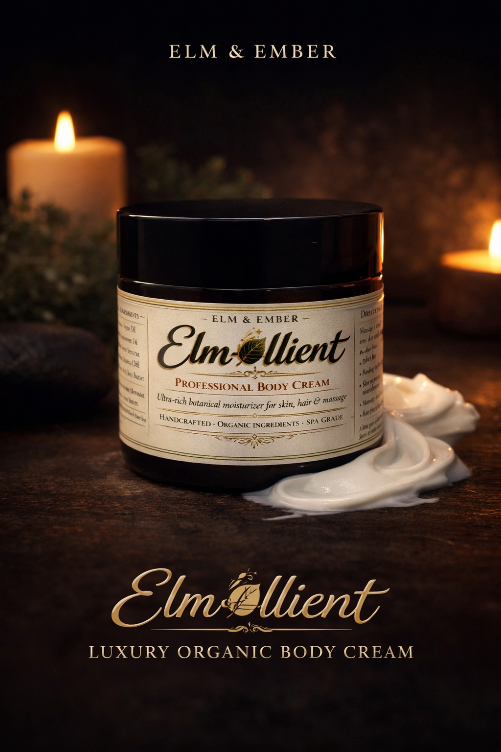 A jar of Elm & Ember Elmollient luxury organic body cream with whipped cream spilling out, set against a dark, cozy background with candles