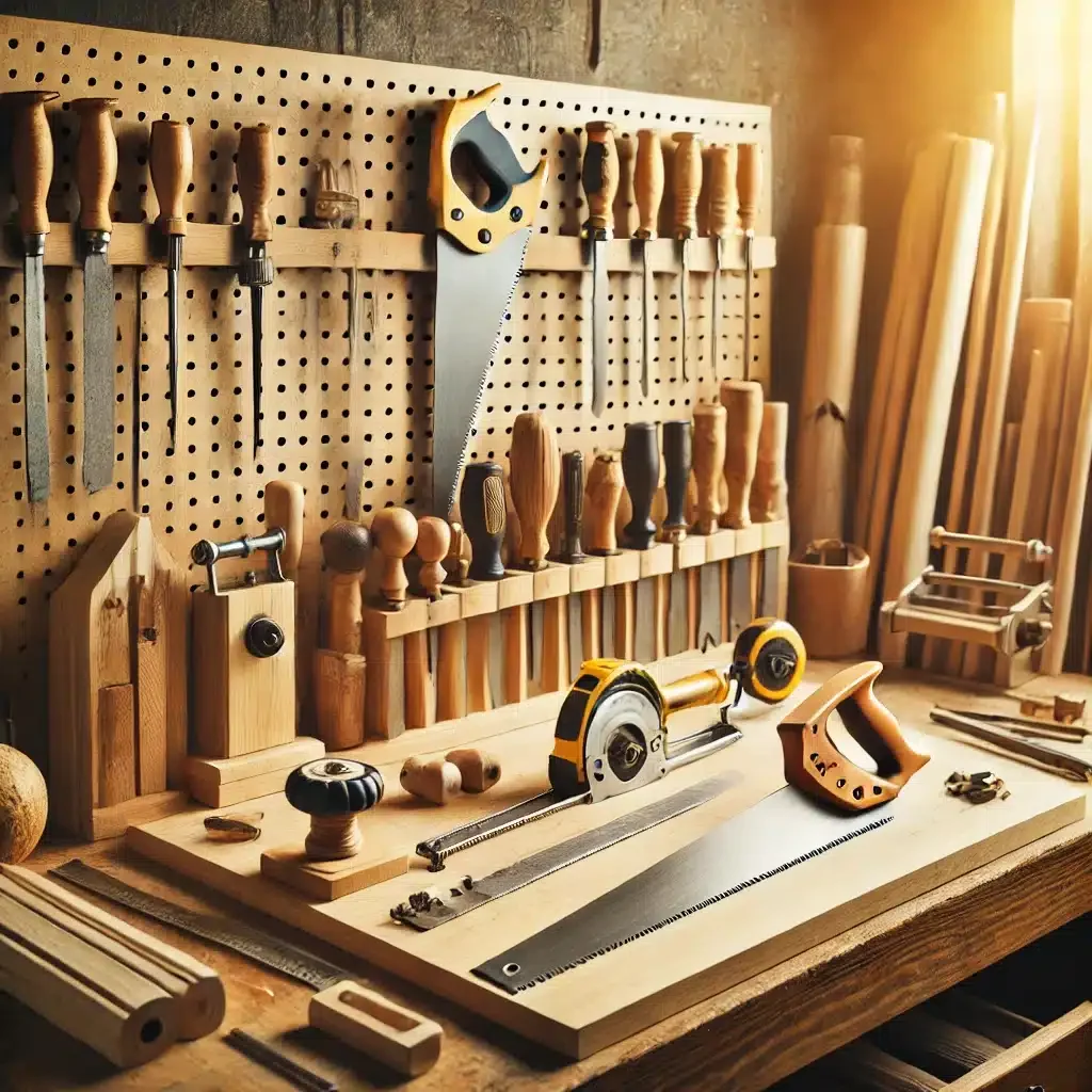 A woodworking workshop with various hand tools such as saws, chisels, and clamps organized on a pegboard and workbench, with wood pieces and a power saw ready for use.