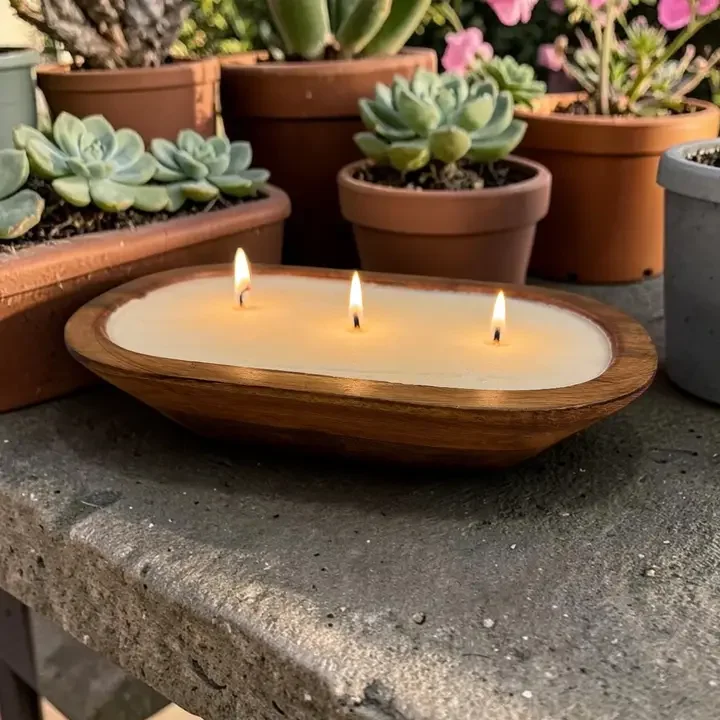 A wooden tray holding a three-wick candle with flames, placed on a concrete surface surrounded by potted succulents and flowering plants.