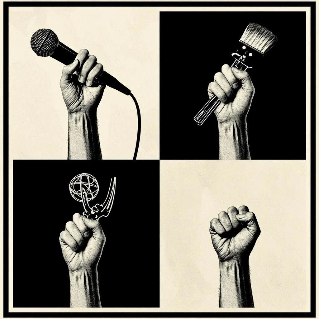 Four black and white illustrations of a clenched fist, each holding a different item: a microphone, a paintbrush, a globe and pen, and a plain fist, arranged in a 2x2 grid.