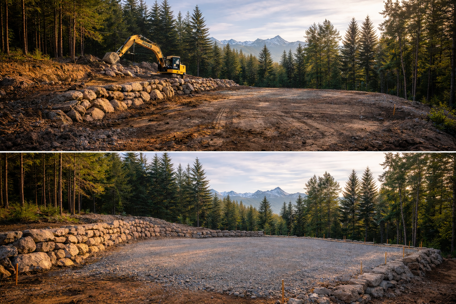 Excavator doing site prep in North Central Washington, specializing in rock walls and developing raw land into buildable sites.