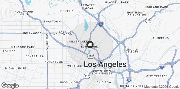 Map of Los Angeles, California, showing neighborhoods and highways including Downtown LA, Hollywood, Westlake, Koreatown, Silver Lake, Echo Park, Lincoln Heights, and major highways I-5, I-10, and 101.