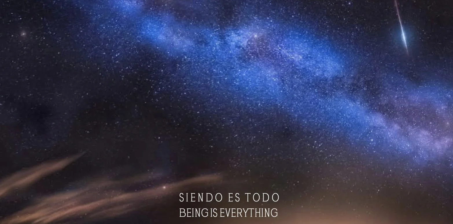 Cielo estrellado con la Vía Láctea y satélites o meteoritos en el fondo, con texto en la parte inferior que dice "SIENDO ES TODO" y "BEING IS EVERYTHING" en blanco.