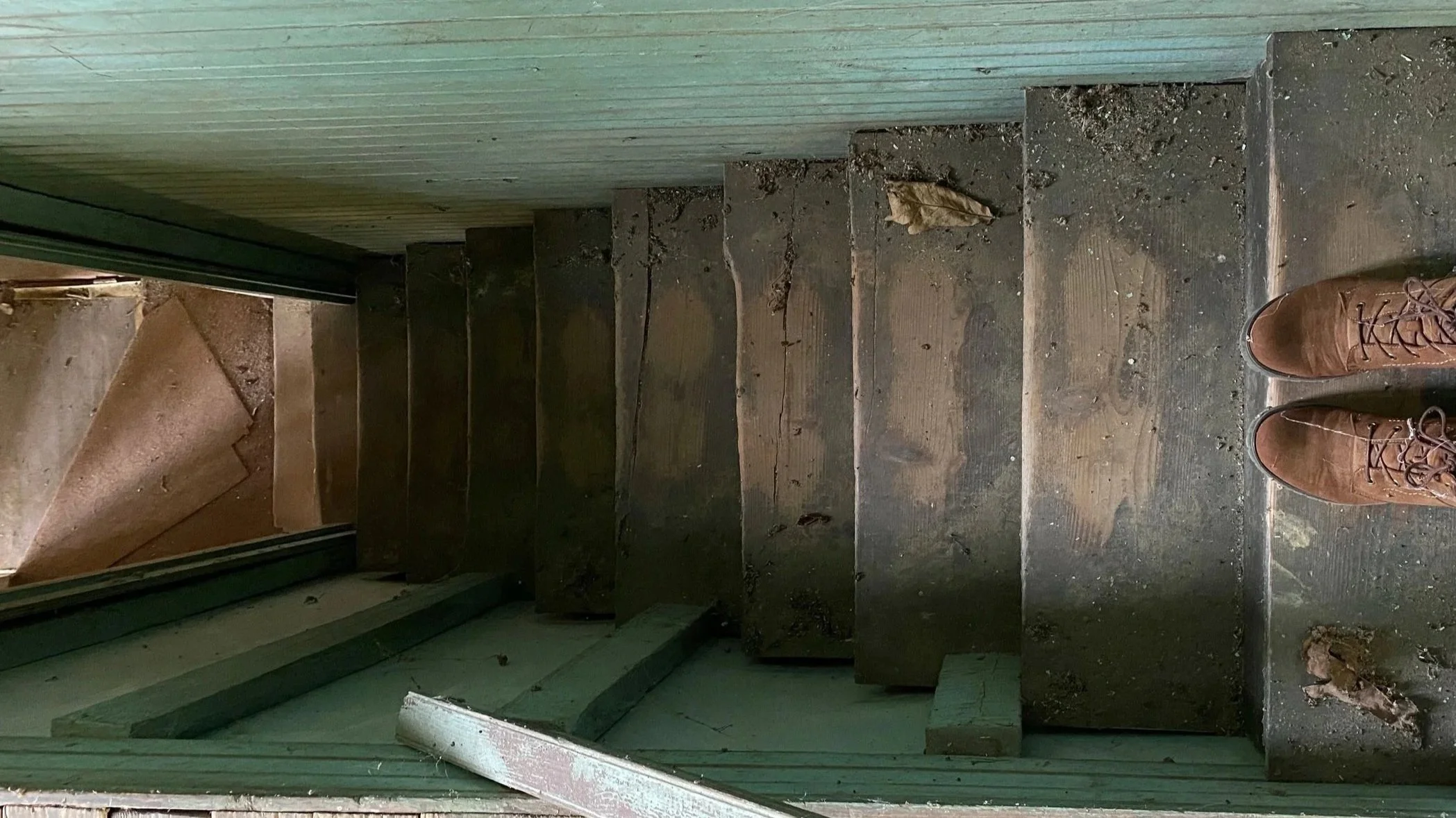 Photo of weathered outdoor wooden stairs with a green railing, showing a few fallen leaves and some dirt at the bottom, partially visible in the doorway.