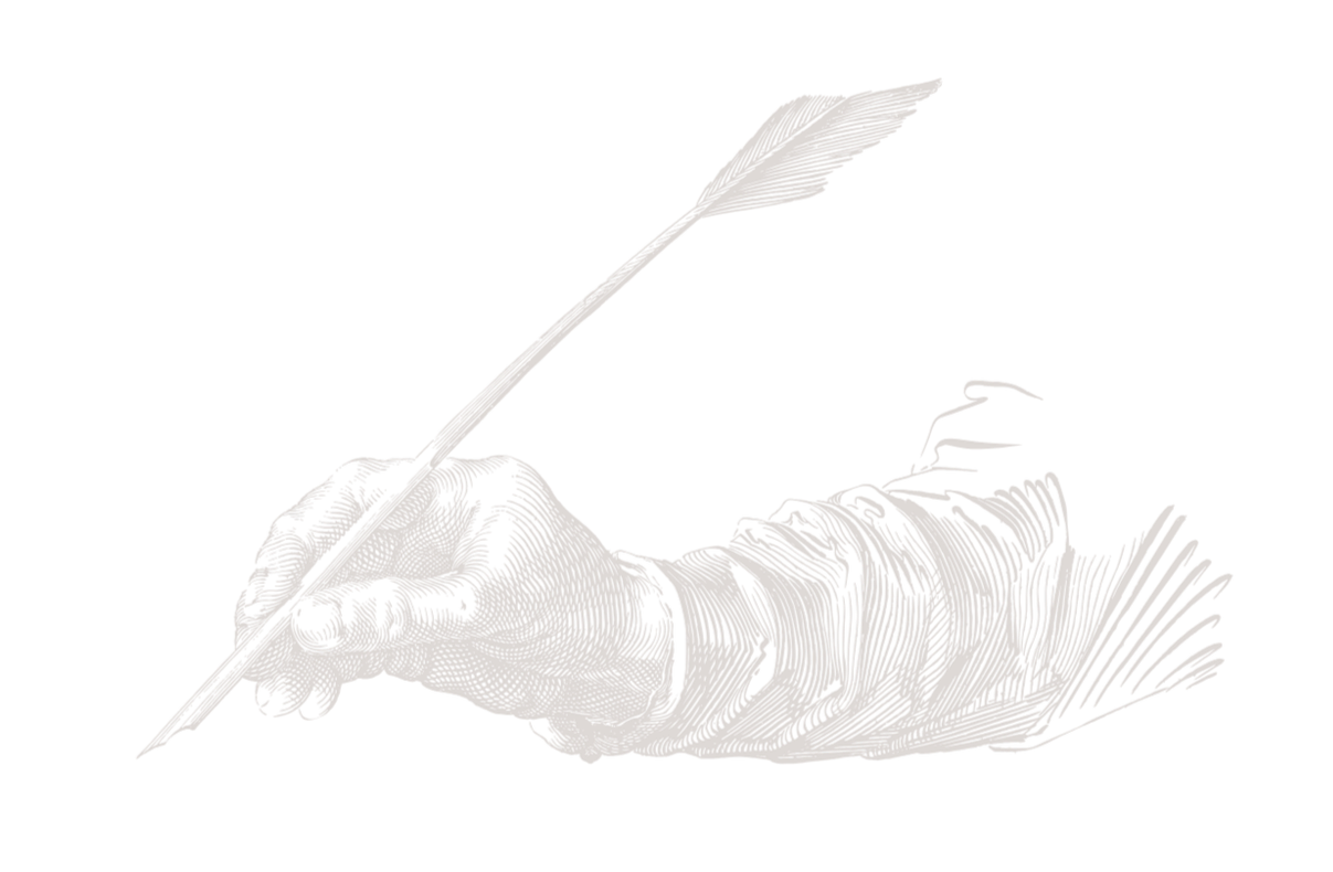 Digital illustration of a human hand holding a feather quill pen, with the arm wrapped in a cloth or sleeve, set against a black background.