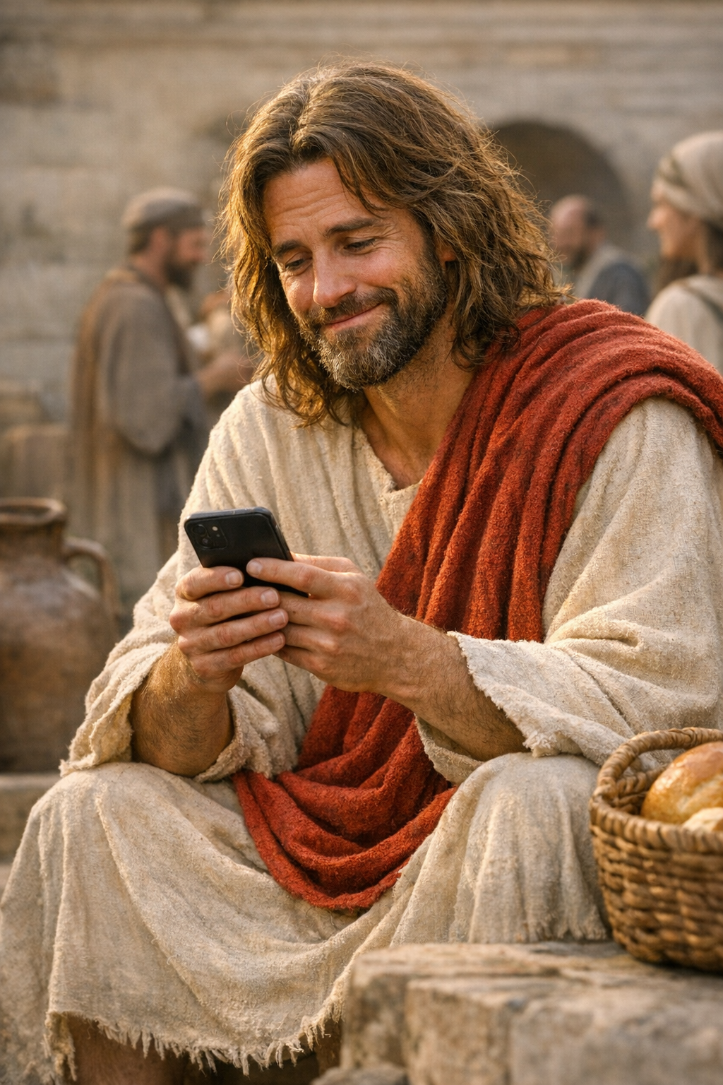 Jesus with cell phone in hand texting his friends