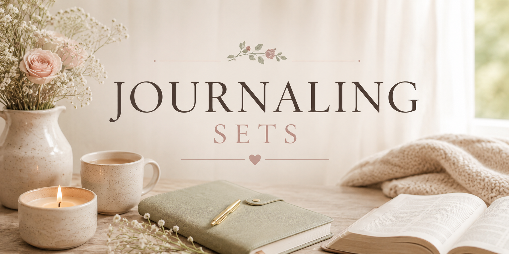 A soft, cozy desk setup with a vase of pink and white flowers, a lit candle, a mug, a closed green journal with a pen, an open book, and a knitted blanket, with sunlight streaming through a window in the background. Text overlay reads 'Journaling Sets' with decorative floral accents and a small heart.