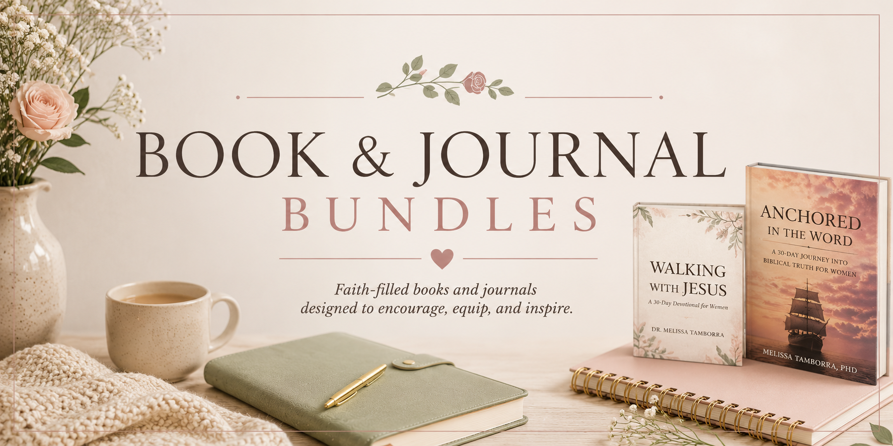 Display of faith-filled books and journals with titles 'Walking with Jesus' and 'Anchored in the Word' on a desk with a cup of coffee, vase of flowers, a cozy blanket, and a gold pen.