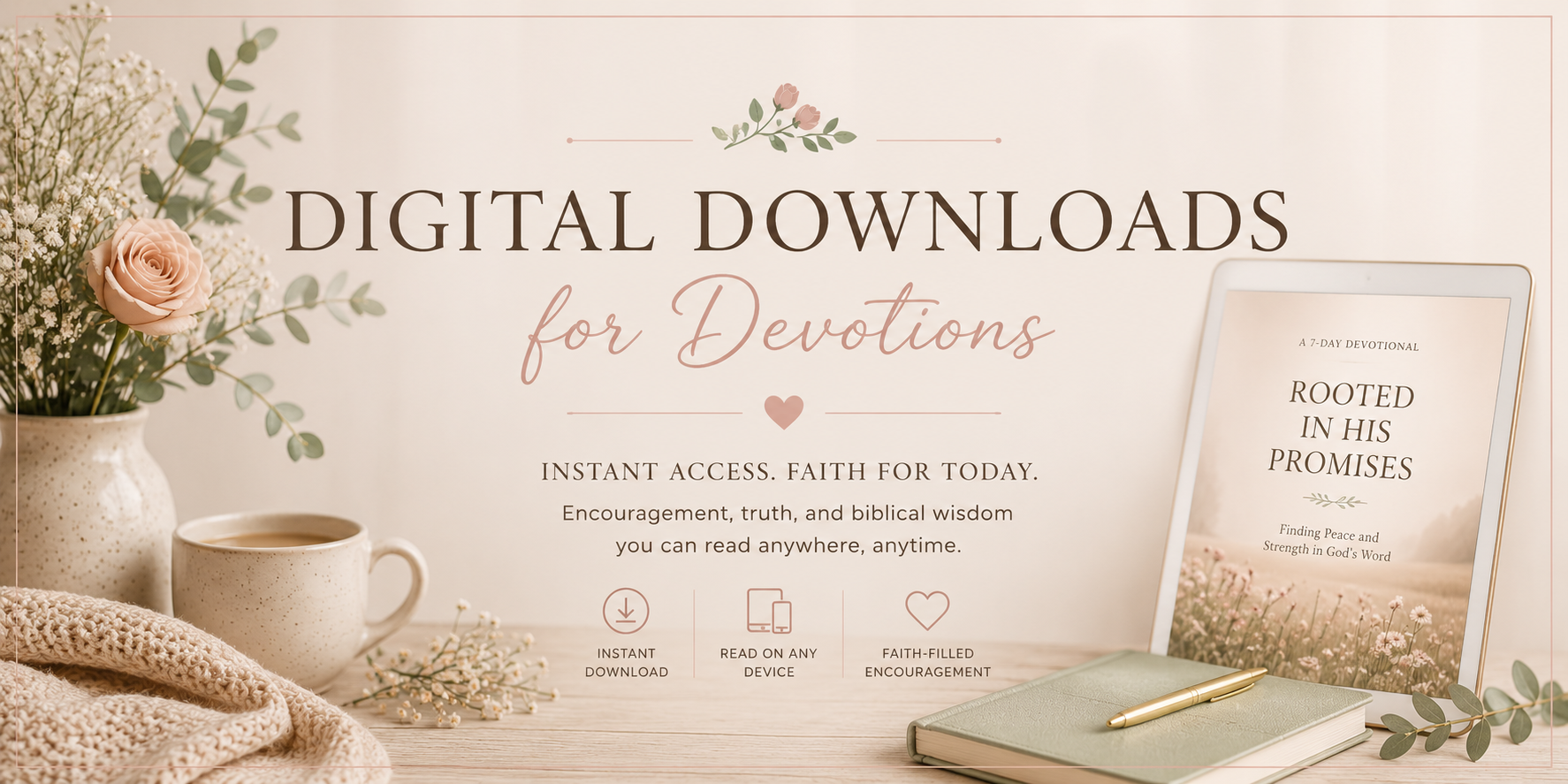 An advertisement for digital downloads of devotionals featuring a vase of pink roses and white flowers, a cup of coffee, a book, and a tablet displaying a devotional titled 'Rooted in His Promises.'