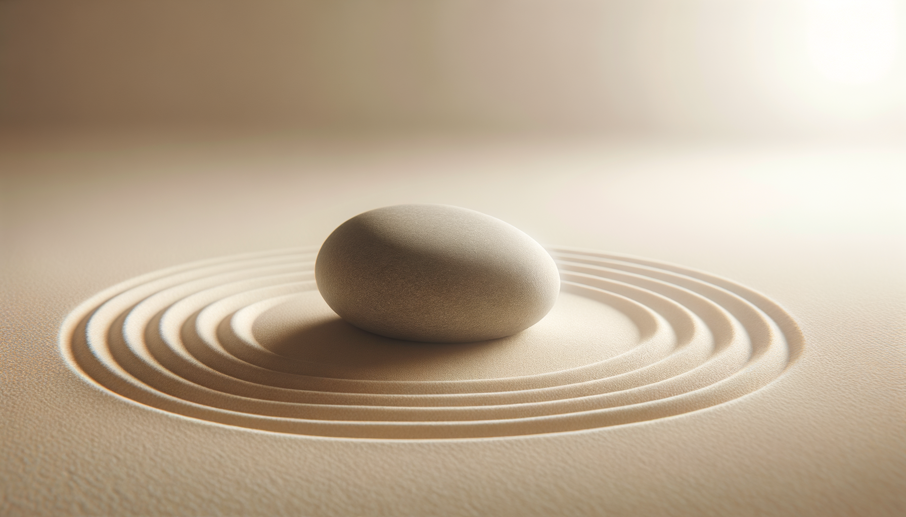 A smooth, oval-shaped stone rests on a textured surface with concentric circular grooves around it, creating a Zen garden-like scene with soft lighting.