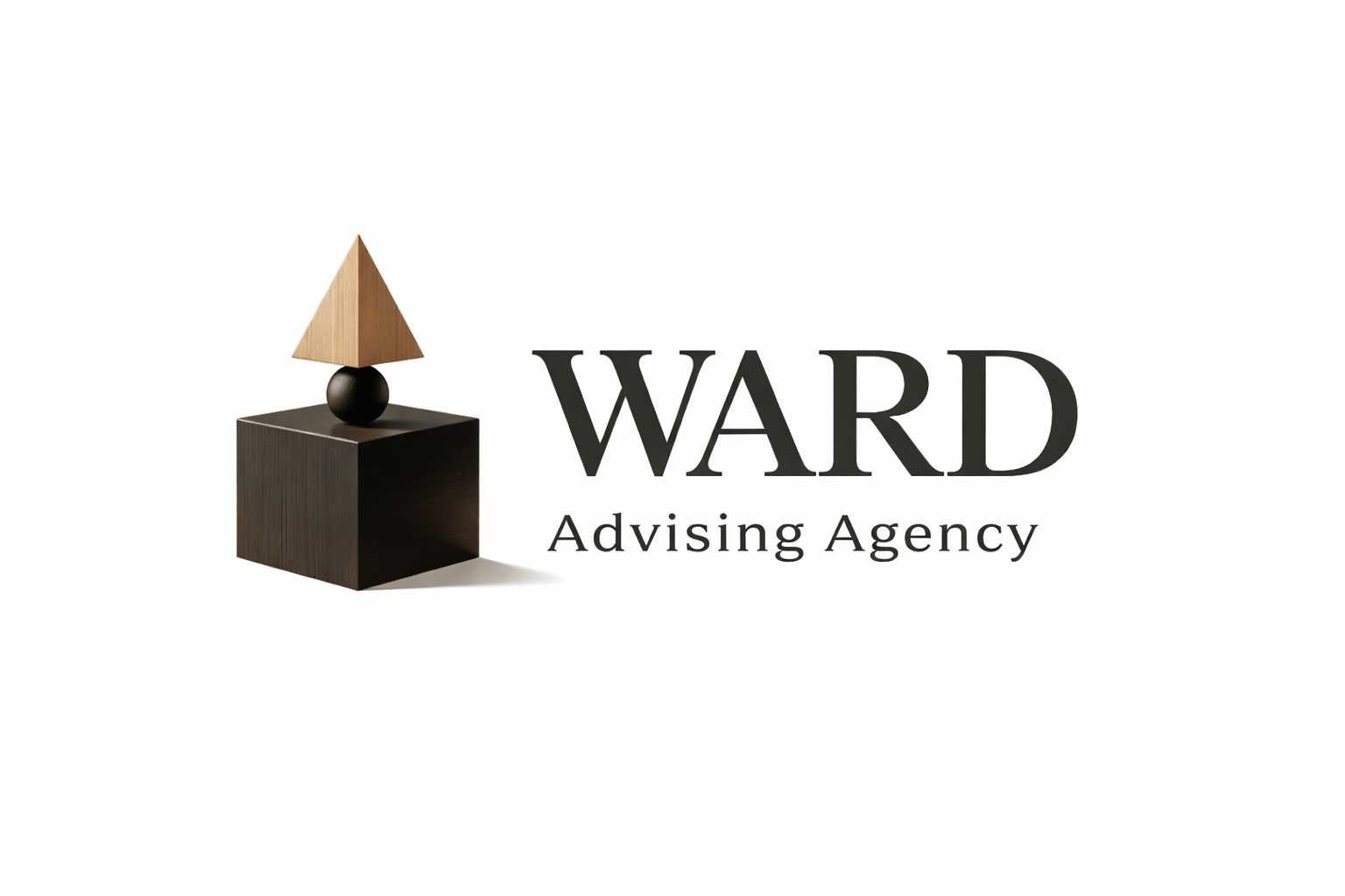 Logo for WARD Advising Agency featuring a wooden pyramid on a black sphere atop a black cube, with the text 'WARD' in large font and 'Advising Agency' below.