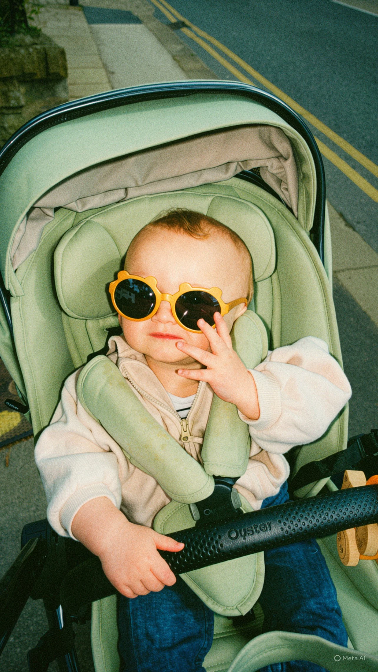 A young child sitting in a green stroller, wearing yellow sunglasses, a beige jacket, and blue jeans, making a peace sign with fingers on their right hand, outdoors on a city sidewalk.