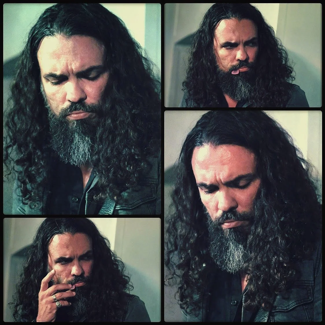 Collage of four images of a man with long curly hair and a beard, displaying different facial expressions.