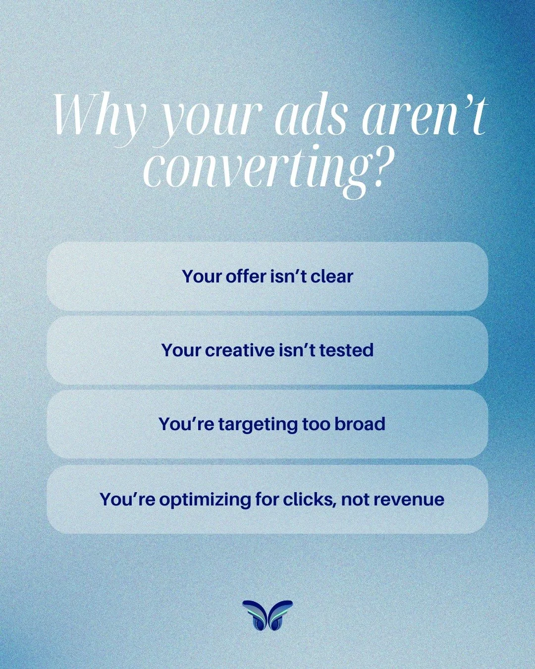 After analyzing dozens of ad accounts, one thing is clear:
It&rsquo;s rarely a platform issue.

It&rsquo;s:
&bull; No clear offer
&bull; No testing system
&bull; No real optimization plan
&bull; No revenue focus

Ads amplify what already exists.
If t