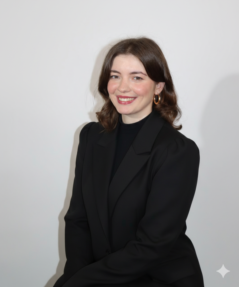 A woman with shoulder-length brown hair, wearing a black blazer and gold hoop earrings, smiling against a plain white background.