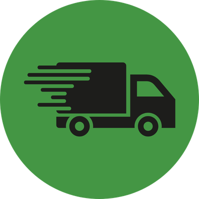 Icon of a delivery truck with motion lines indicating speed, on a green circular background.
