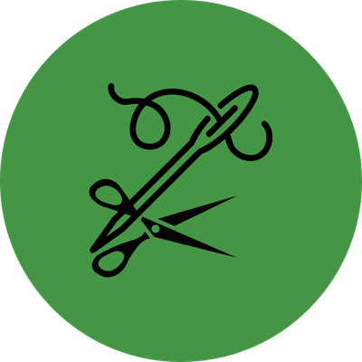 A sewing needle and a pair of scissors on a green circular background.