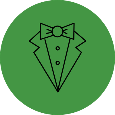 Line drawing of a tuxedo with a bow tie on a green circular background.