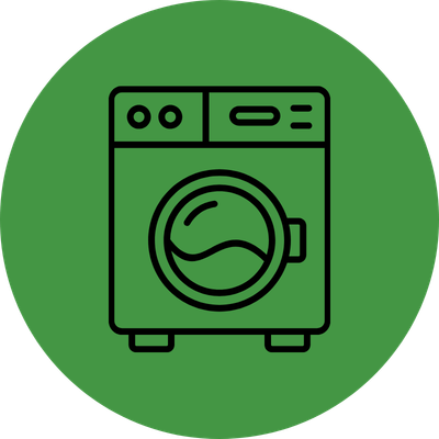 Line drawing of a washing machine on a green background