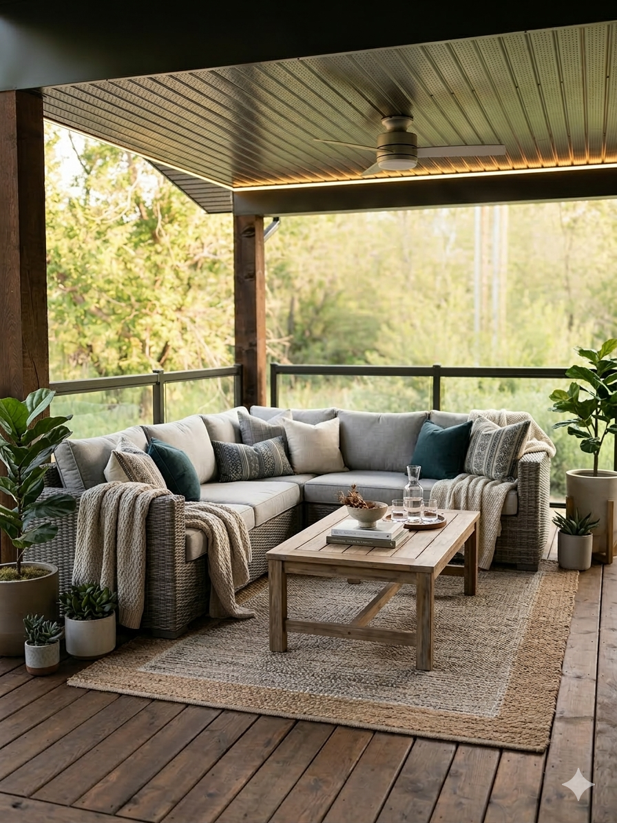 A cozy outdoor living space on a wooden deck features a large L-shaped gray wicker sofa with white and dark green pillows, draped with beige throws. In front, there's a rustic wooden coffee table with books, a bowl, and glasses. The space is decorated with potted plants, a textured area rug, and is surrounded by a scenic view of trees and greenery, with a ceiling fan above.