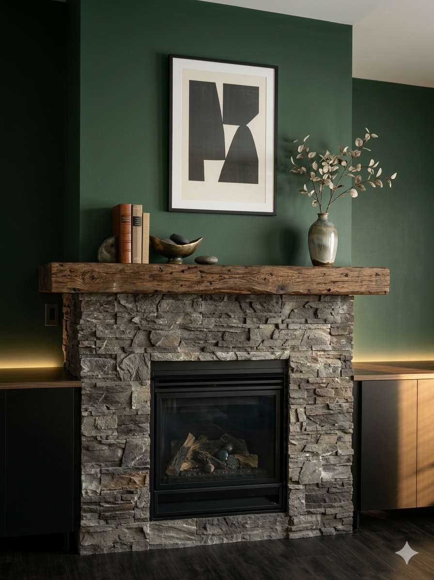 Living room with a stone fireplace, wooden mantel, green wall, black and white abstract art, ceramic vase with branches, and decorative bowls.
