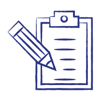 Line drawing of a clipboard with a sheet of paper clipped to it and a pencil writing on the paper.