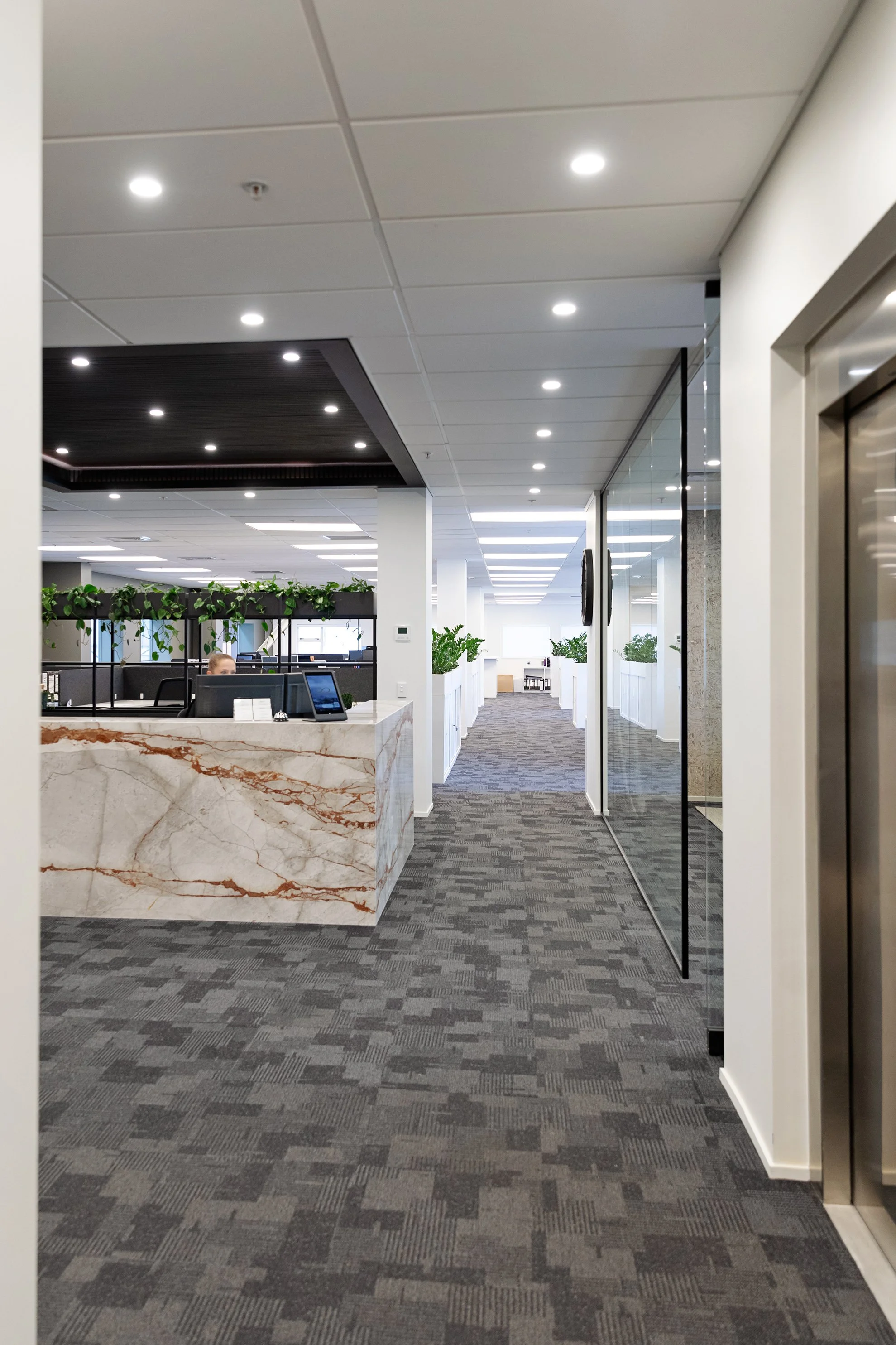 Interior view of a modern office building corridor with a marble reception desk, a glass wall with an elevator, and various plants. The ceiling has recessed lighting, and the space features gray patterned carpet flooring.