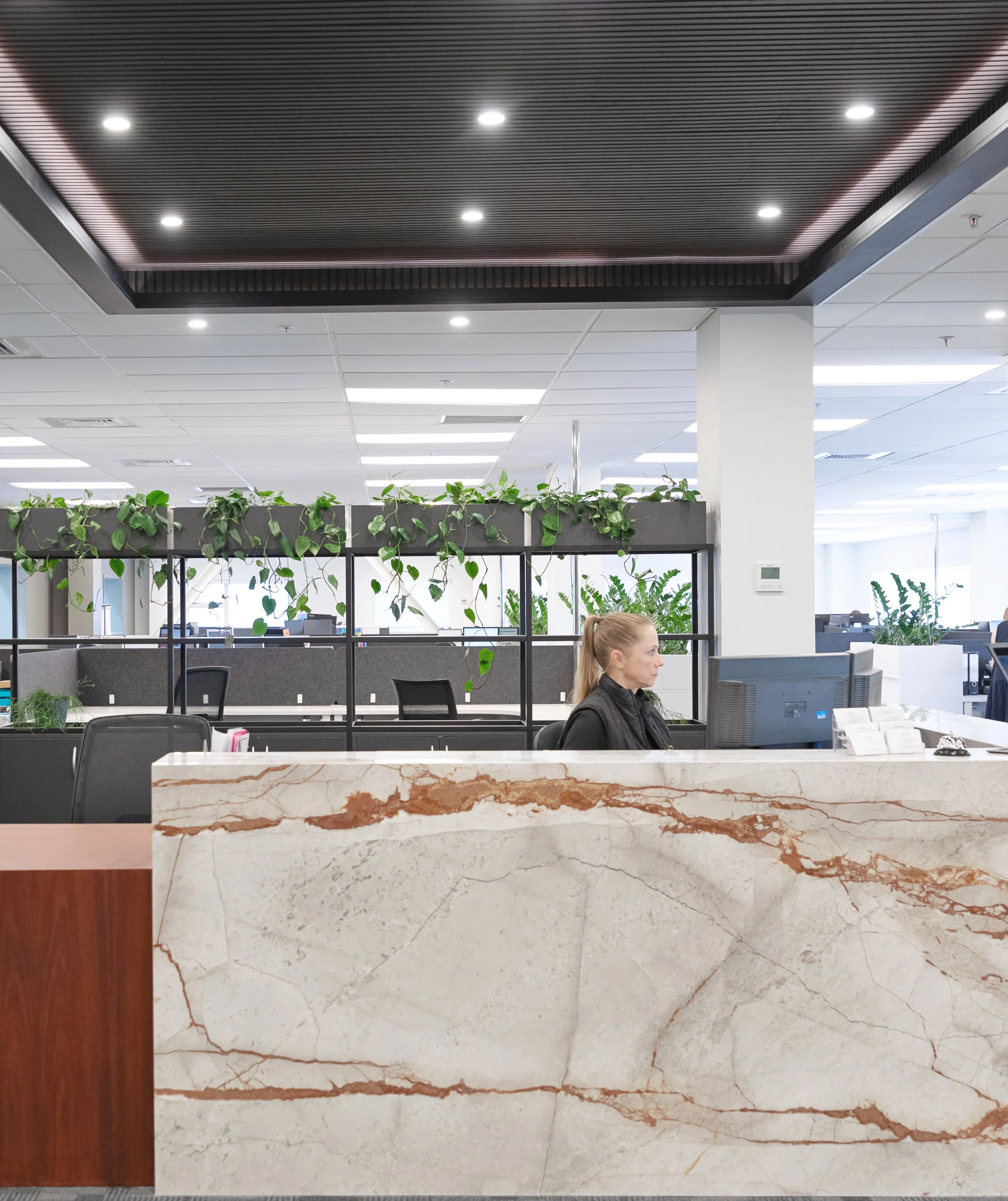 Modern office reception area with a marble counter, black shelves with green plants, and a woman working at a computer.