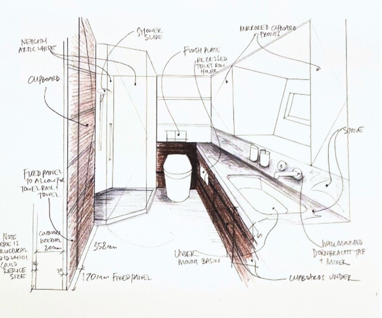 Sketch of a bathroom design with notes indicating cabinetry, fixtures, and materials, including a shower, toilet, vanity, and storage.