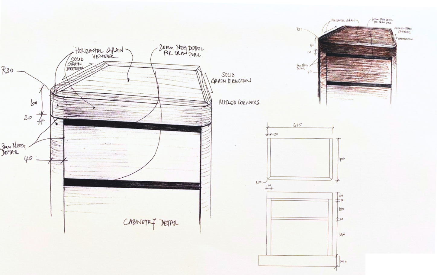 Hand-drawn architectural sketch of a cabinet with detailed measurements and annotations, including plan and elevation views.
