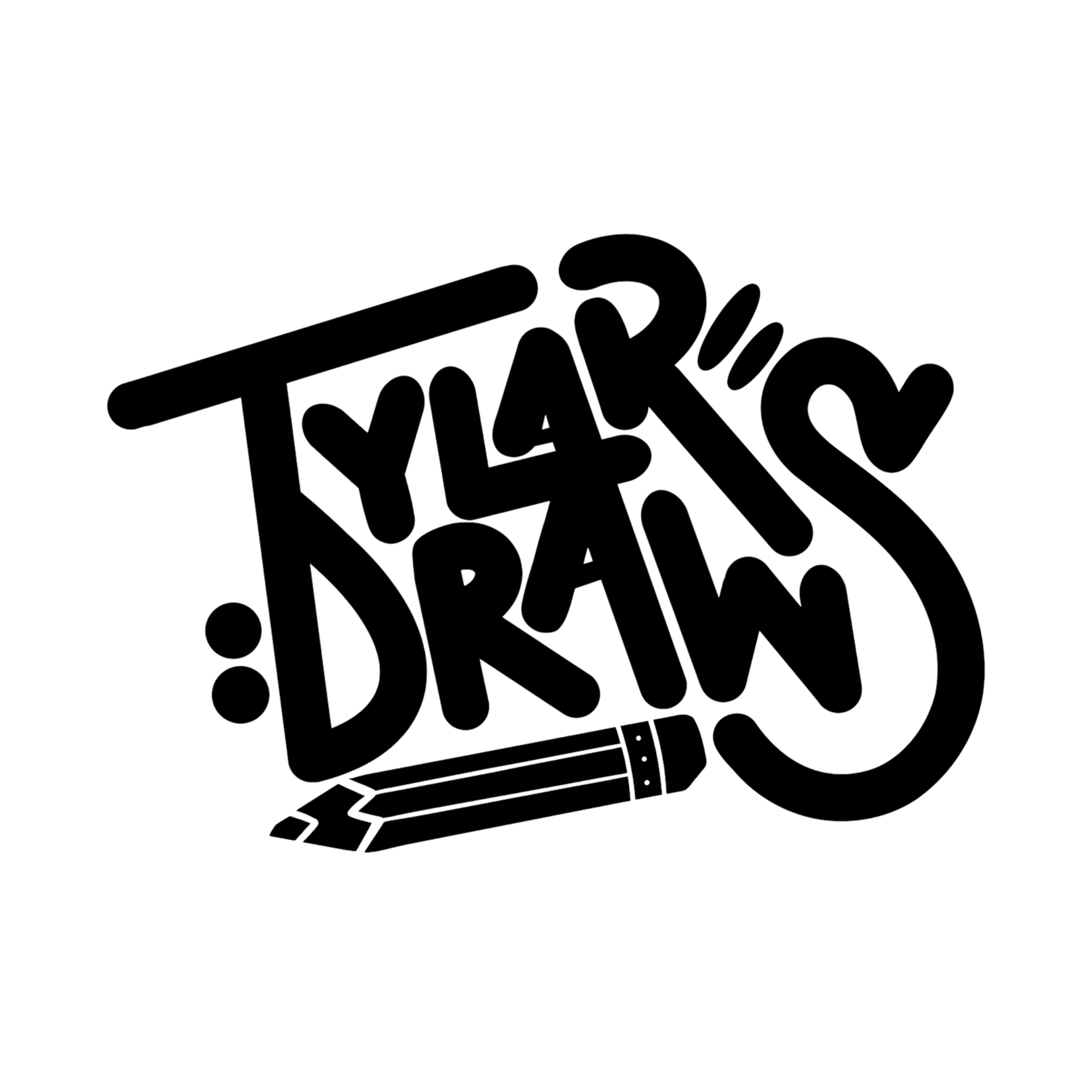 Hand-drawn Tylar Draws logo in black and white.
