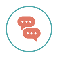 Two speech bubble icons, one larger than the other, inside a circular border.