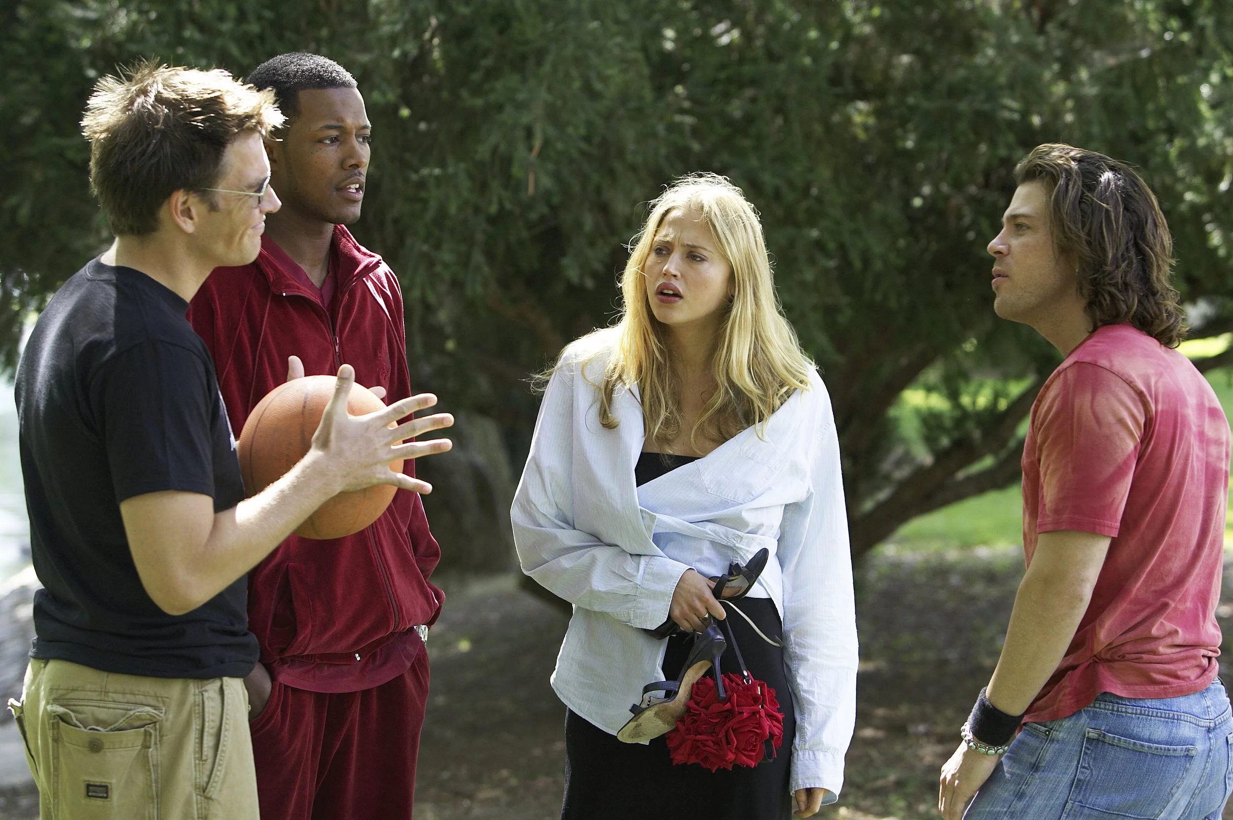 (L-R) Michael Weatherly, Flex Alexander, Estella Warren, and Christian Kane in a scene we shot in William Land Park, Sacramento. Our stellar cast also included Rachel Dratch, Kathy Griffin, Ivana Milicevic, and Victoria Jackson. 
