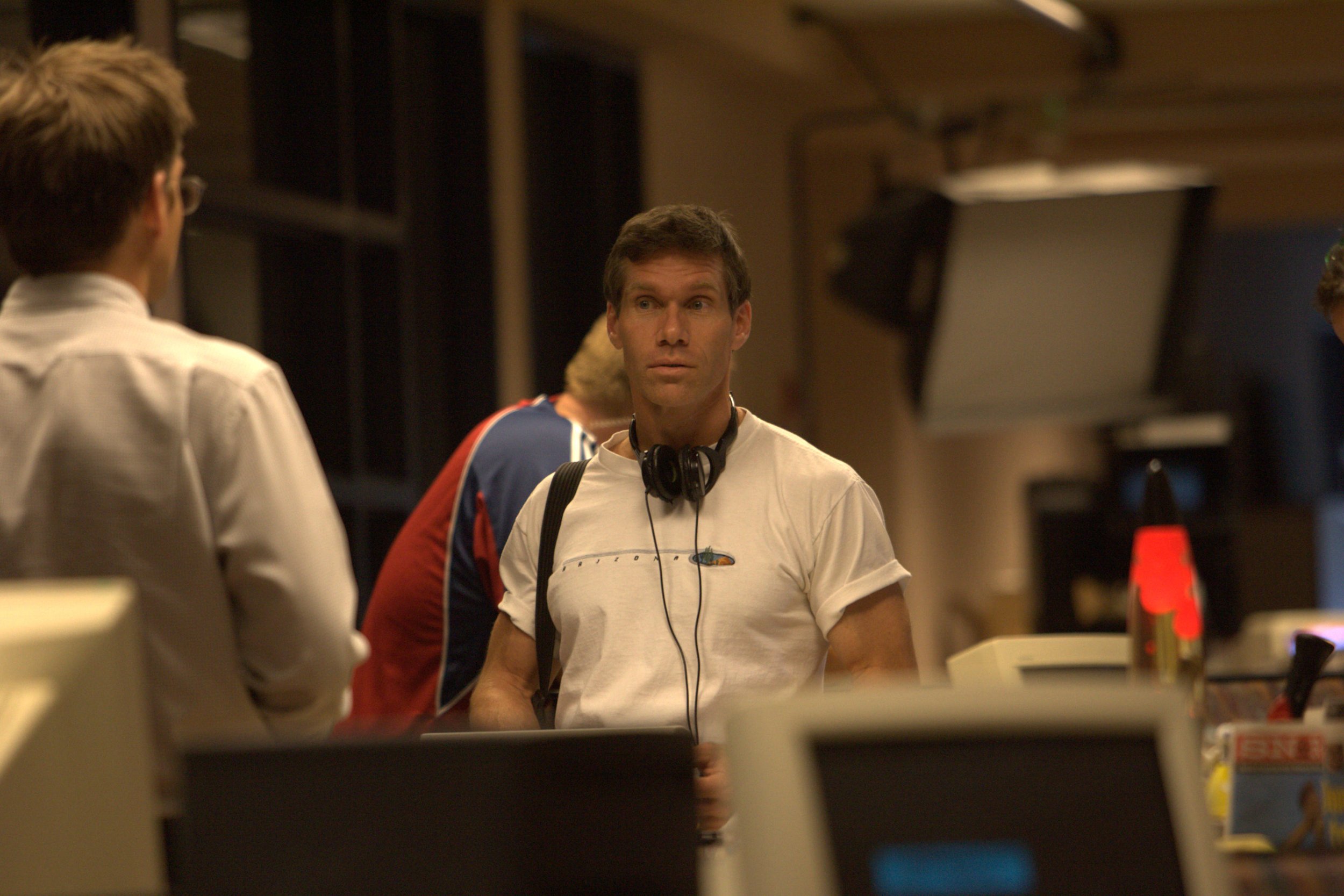 Discussing the next scene with Michael Weatherly at KXTV Channel 10 in Sacramento.