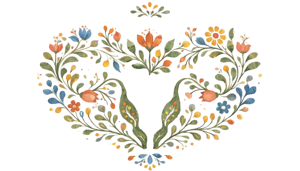 Decorative illustration of a symmetrical floral design with a central brown vase and colorful flowers and green leaves forming a heart shape around it.