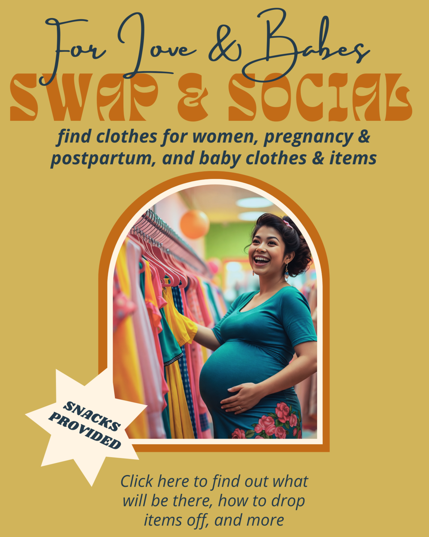 Pregnant woman shopping for baby clothes at a thrift store with signage for swap and social event, snack provision, and instructions for dropping off items.