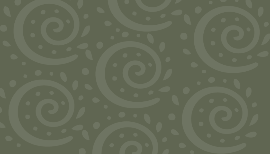 Olive green background with light green spiral and dot pattern.