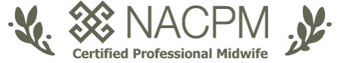 NACPM Certified Professional Midwife logo with decorative laurel branches.