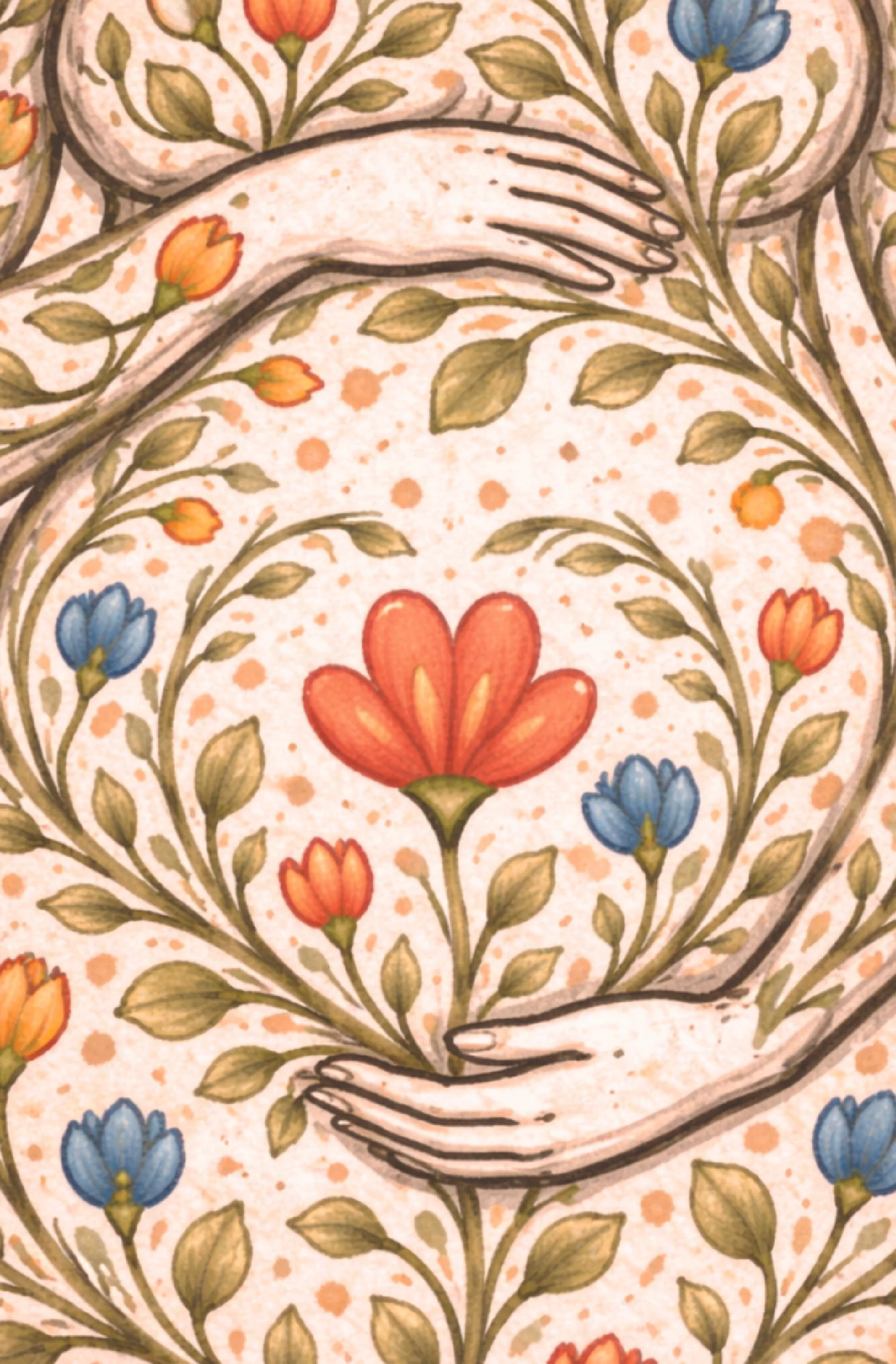 Illustration of two hands gently holding a blooming flower with orange and red petals, surrounded by a pattern of flowers, leaves, and smaller blue and orange buds on a beige background with orange splatters.