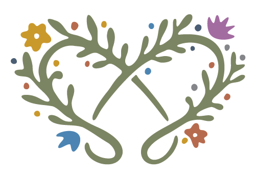 Decorative illustration of two green leafy branches forming a heart shape with small colorful flowers and dots around them.
