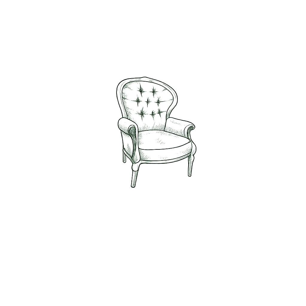 Black-and-white sketch of an armchair with tufted backrest and carved wooden legs.