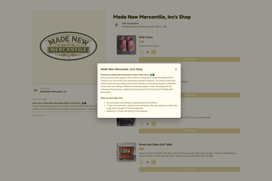 Online thrift shop webpage for Made New Mercantile, Inc., featuring pink Crocs shoes priced at $10, a black and gray bag, and a wood and glass end table priced at $85, with a pop-up welcome message explaining the store's mission to support the community.