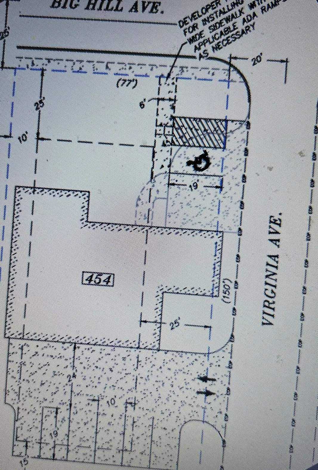 A detailed architectural site plan showing building footprints, property lines, measurements, and notes. Streets labeled include "Big Hill Ave." and "Virginia Ave."