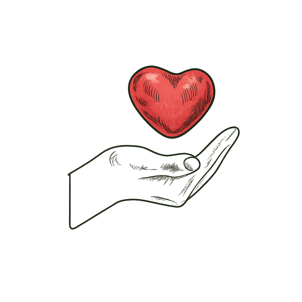A digital illustration of a hand holding a glowing red heart, with a dark, gradient background.