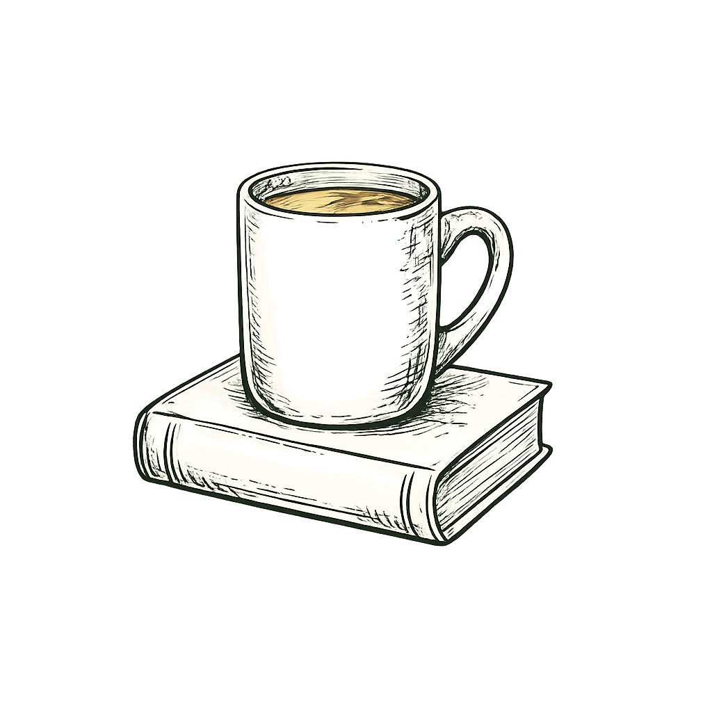 Sketch of a white coffee mug filled with coffee placed on a closed book with a dark background.