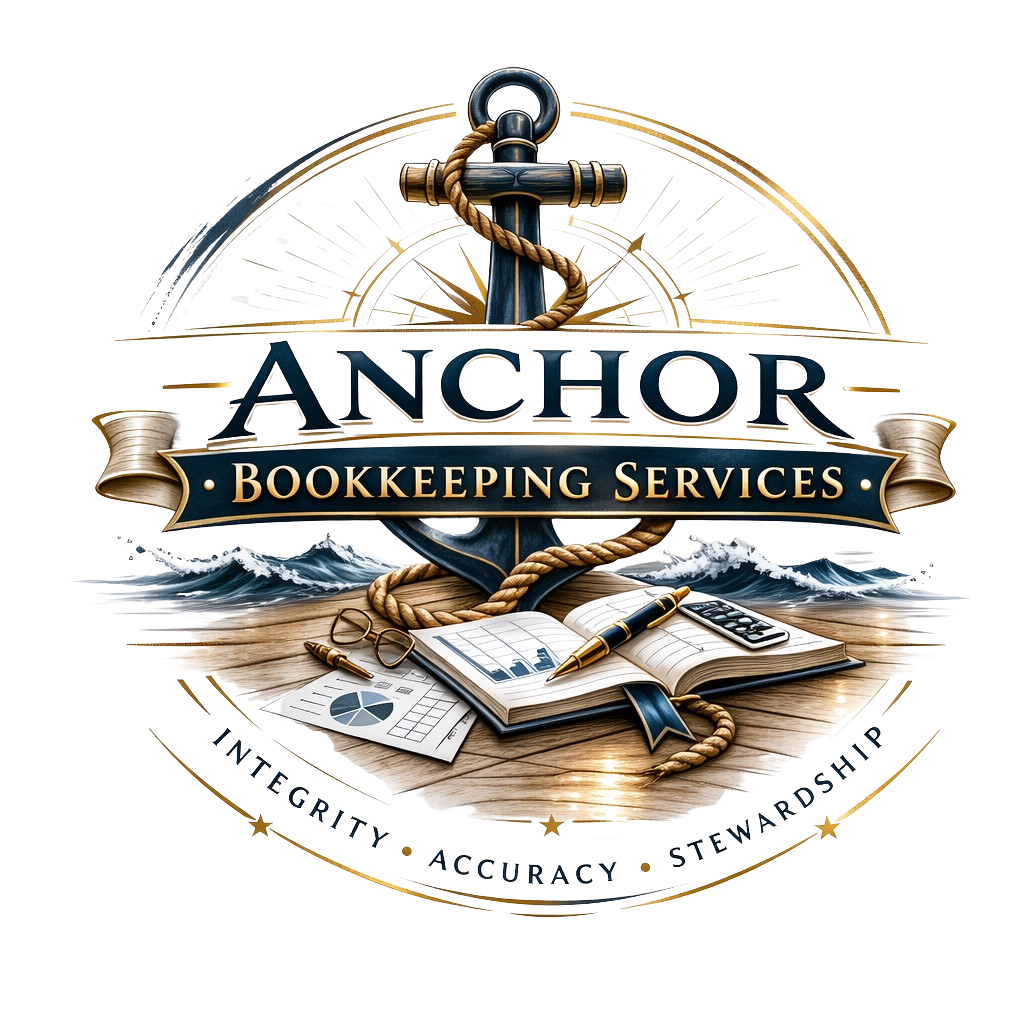 Logo for Anchor Bookkeeping Services featuring an anchor with a rope, an open book, a pen, a calculator, and charts on a wooden surface, with waves and nautical themes in the background.